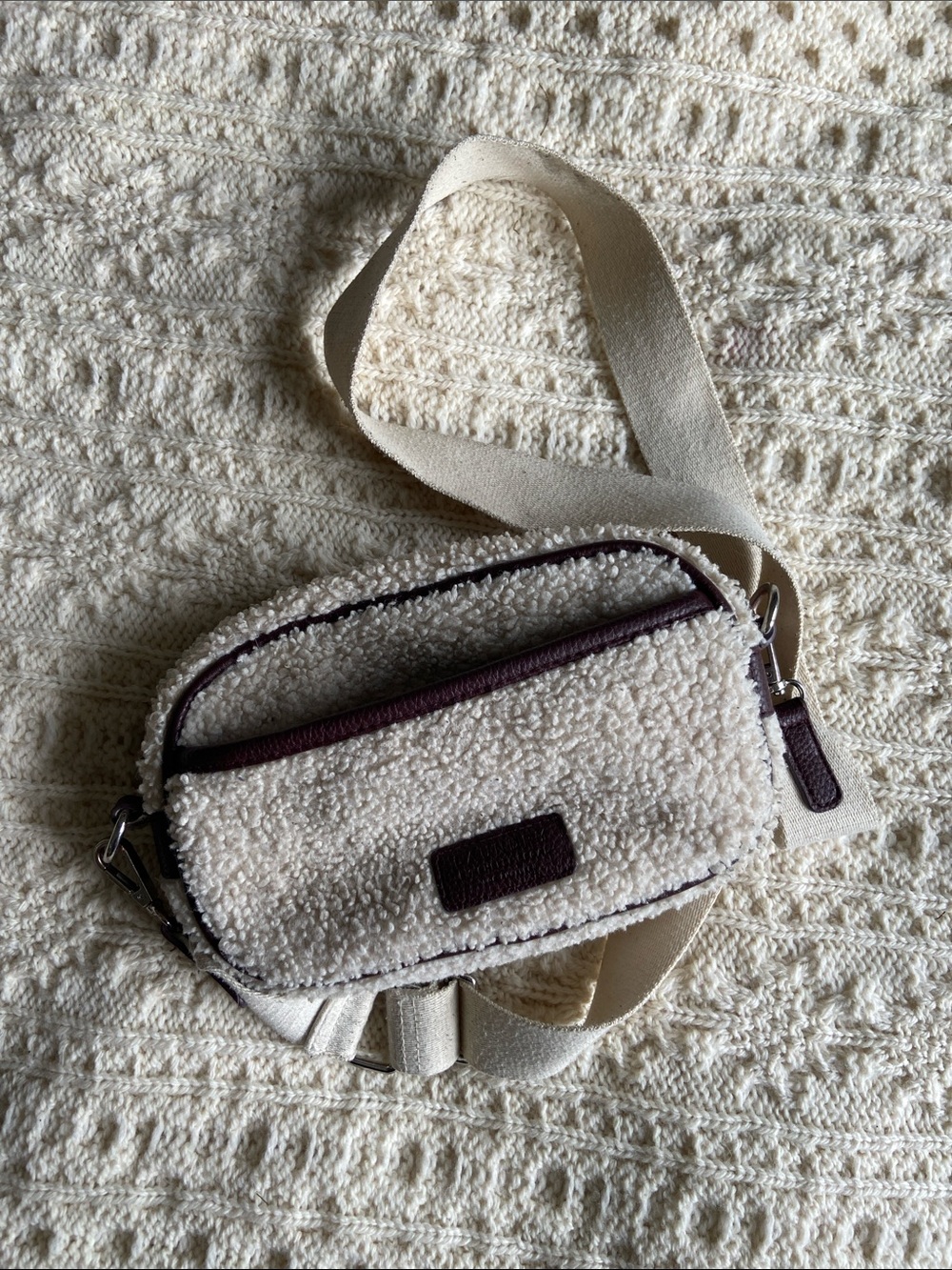 Laundry by Shelli Segal Cream Sherpa Crossbody Belt Bag with Brown Leather Trim